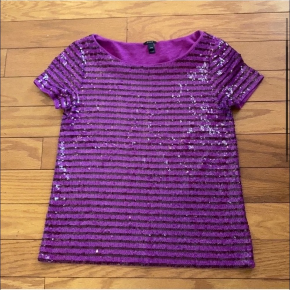 J. Crew Top Womens XXS Purple Sequin Striped Short Sleeve Top - Picture 2 of 5